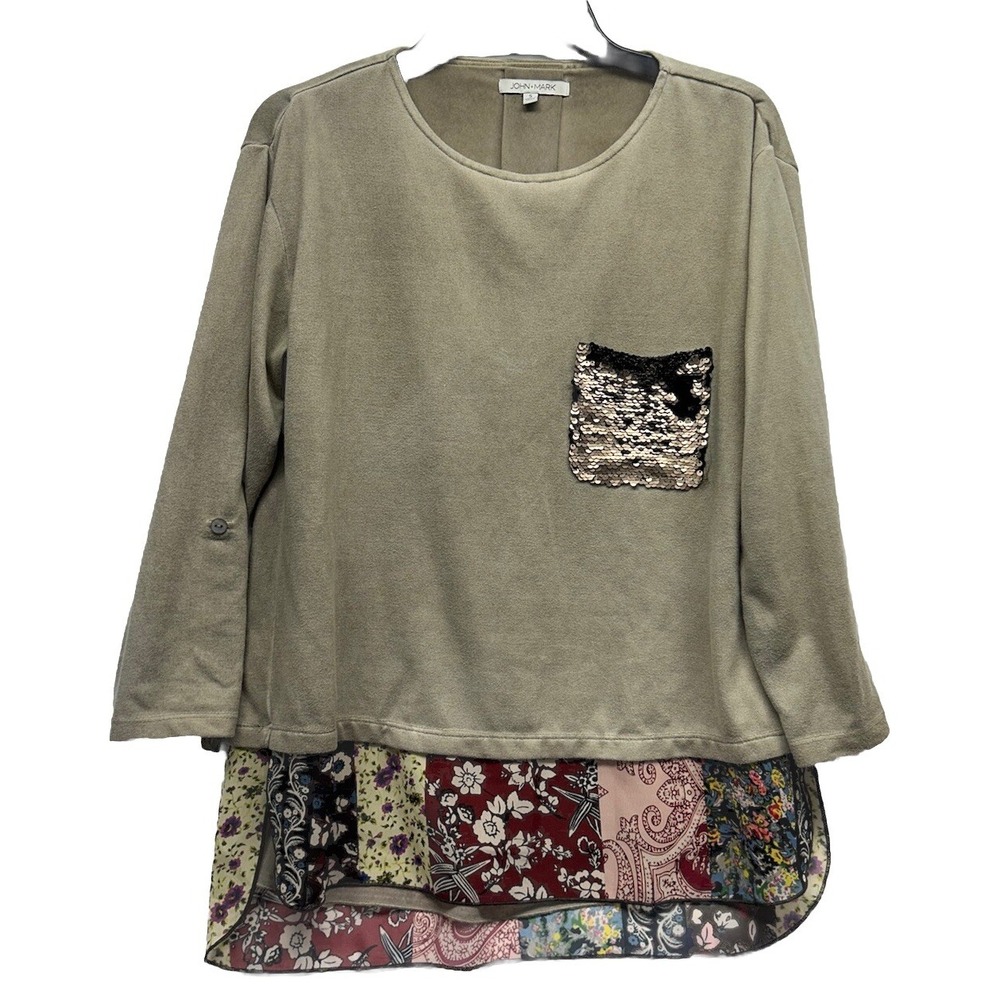 John Mark Womens Size S Beige Long Sleeve Paisley Pocket Top (J11)
